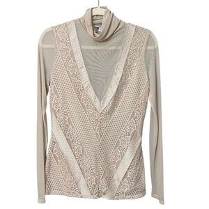 Guess Lace Turtleneck Sheer Long Sleeve Top Blush Pink Medium Feminine Chic